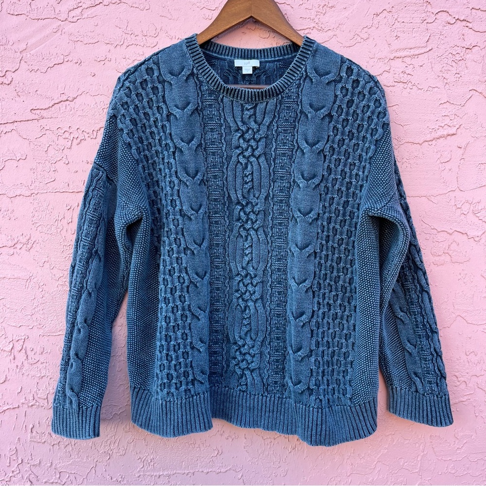 J. Jill Blue Cable Knit Cotton Pullover Sweater Fisherman Core Nautical Coastal